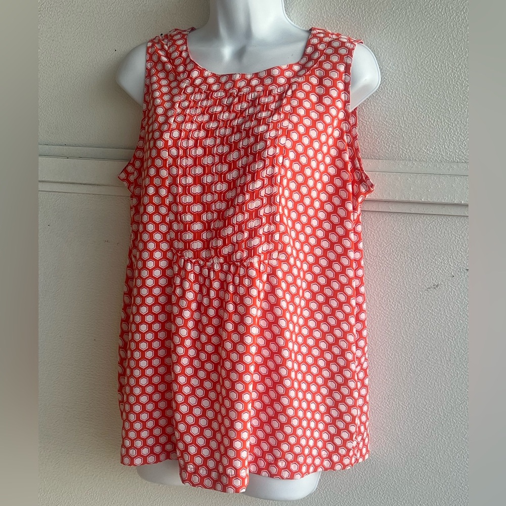 Tommy Hilfiger Sleeveless Pintuck Neck Blouse Orange White Polka Dot Large